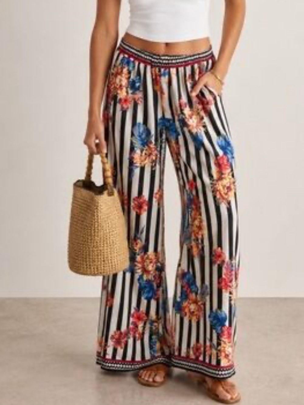Flying Tomato Striped Floral Bellbottom Pants, elastic waist, size, medium,EUC.